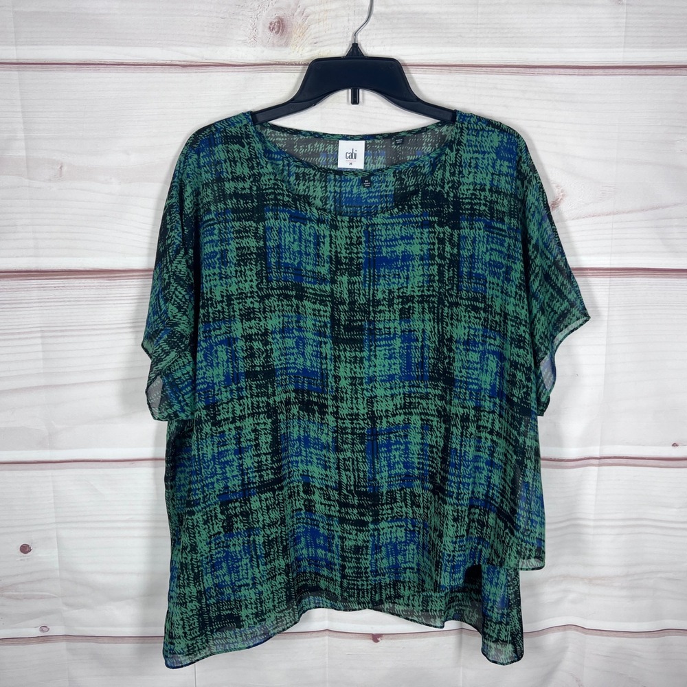 CAbi Top Women Medium Green 3770 Mesh Layered Abstract Print Short Sleeve Blouse